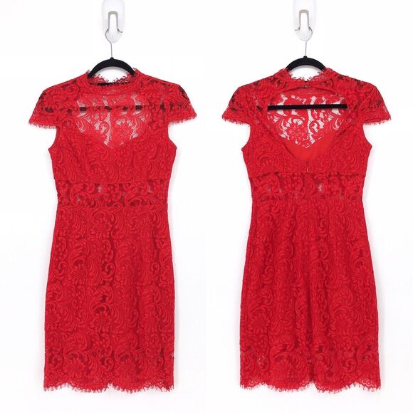 Saylor Anthropologie Women XS Jane Dress Rouge Red Lace Illusion Neck Bodycon - Picture 1 of 6